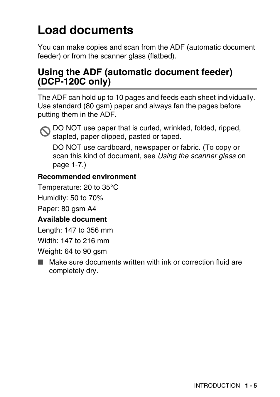 Load documents, Load documents -5, Using the adf (automatic document feeder) | Dcp-120c only) -5 | Brother DCP-116C User Manual | Page 17 / 110