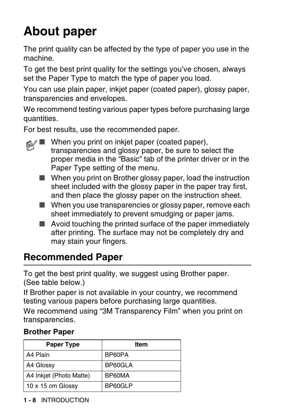 About paper, Recommended paper, About paper -8 | Recommended paper -8 | Brother DCP-116C User Manual | Page 20 / 110