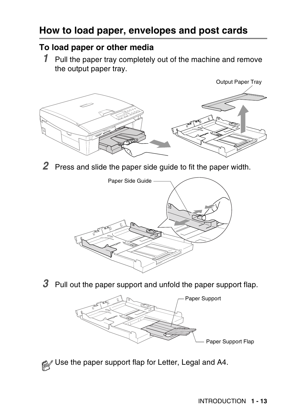 How to load paper, envelopes and post cards, To load paper or other media, How to load paper, envelopes and post cards -13 | To load paper or other media -13 | Brother DCP-116C User Manual | Page 25 / 110