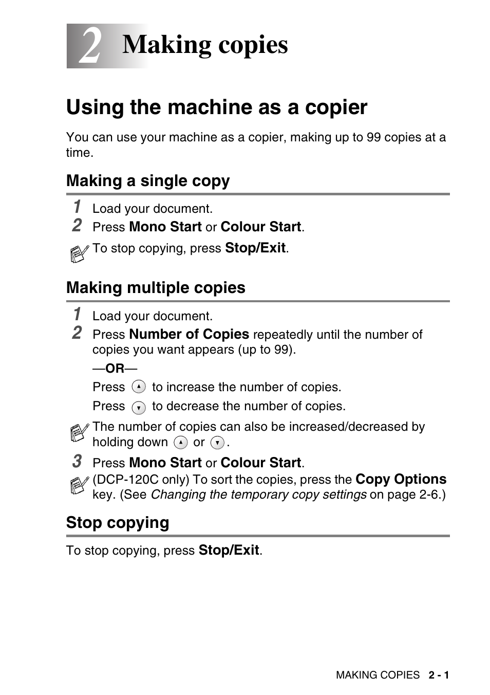 2 making copies, Using the machine as a copier, Making a single copy | Making multiple copies, Stop copying, Making copies -1, Using the machine as a copier -1, Making copies | Brother DCP-116C User Manual | Page 29 / 110