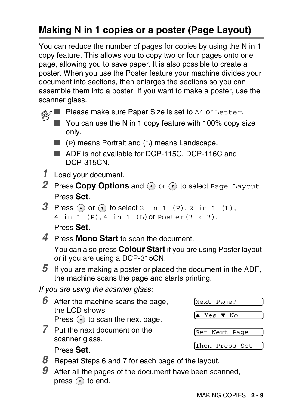 Making n in 1 copies or a poster (page layout) | Brother DCP-116C User Manual | Page 37 / 110