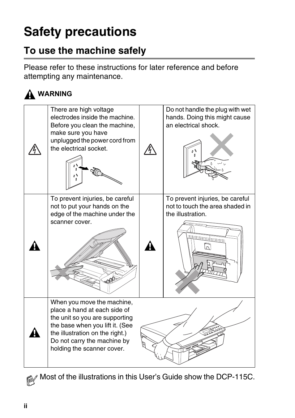 Safety precautions, To use the machine safely | Brother DCP-116C User Manual | Page 4 / 110
