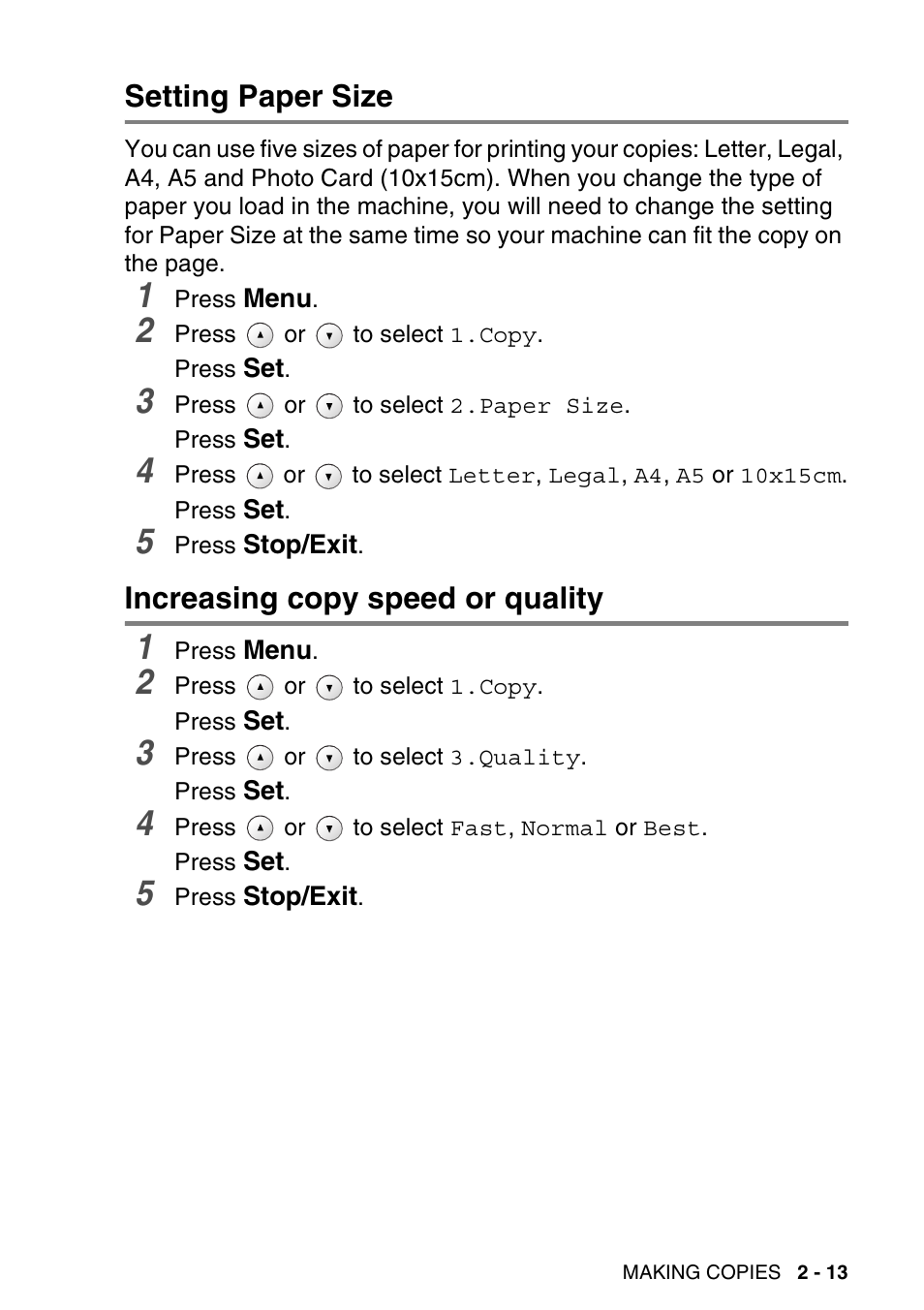 Setting paper size, Increasing copy speed or quality | Brother DCP-116C User Manual | Page 41 / 110