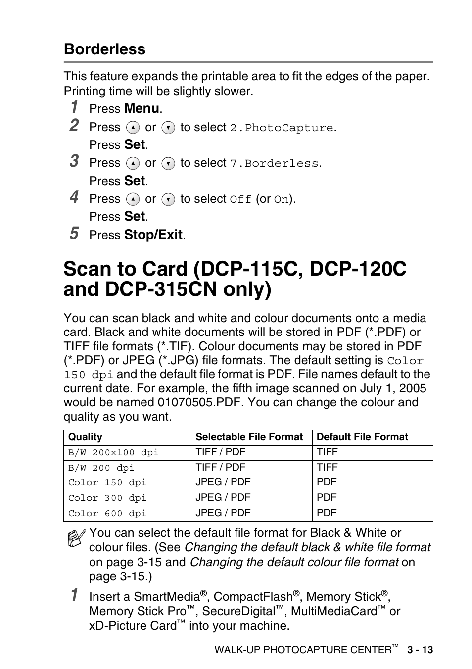 Borderless, Borderless -13, Scan to card (dcp-115c, dcp-120c and | Dcp-315cn only) -13 | Brother DCP-116C User Manual | Page 57 / 110