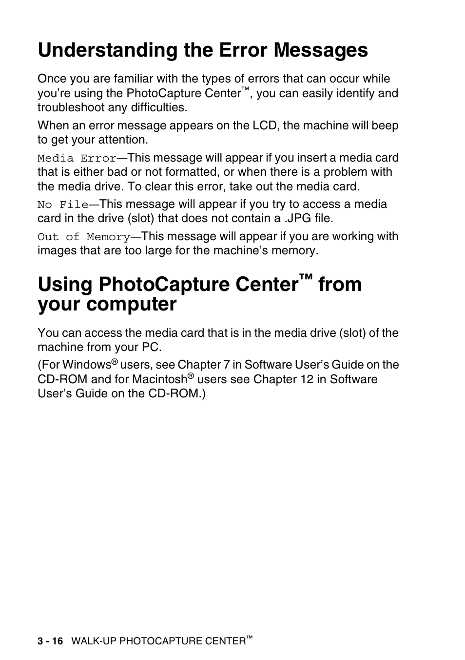 Understanding the error messages, Using photocapture center™ from your computer, From your computer -16 | Using photocapture center | Brother DCP-116C User Manual | Page 60 / 110
