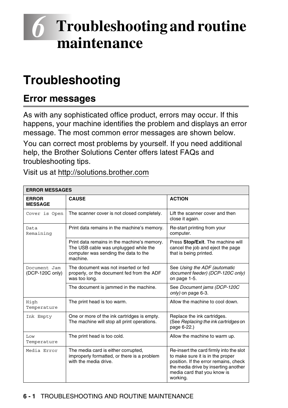 6 troubleshooting and routine maintenance, Troubleshooting, Error messages | Troubleshooting and routine maintenance -1, Troubleshooting -1, Error messages -1, Troubleshooting and routine maintenance | Brother DCP-116C User Manual | Page 66 / 110