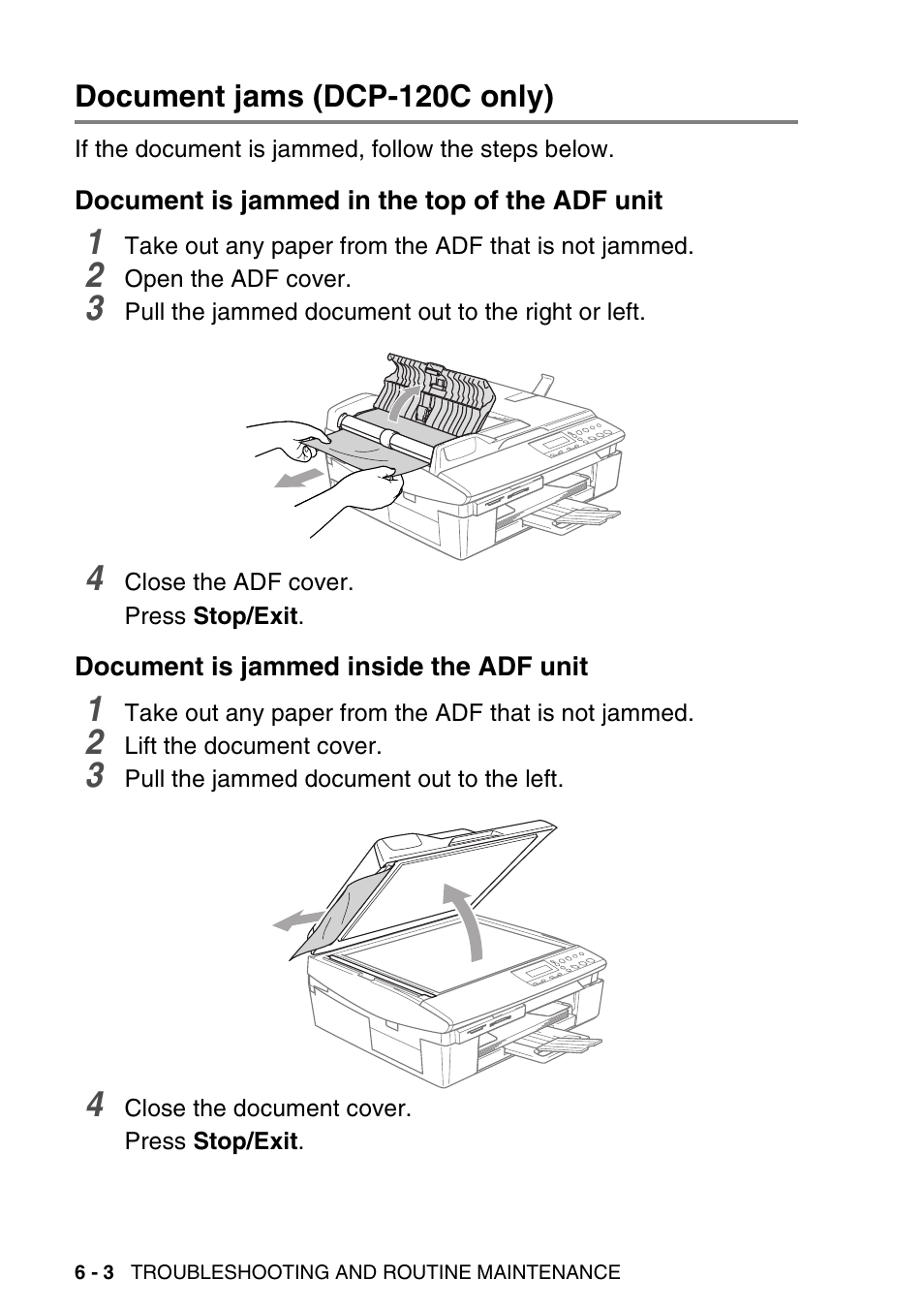 Document jams (dcp-120c only), Document is jammed in the top of the adf unit, Document is jammed inside the adf unit | Document jams (dcp-120c only) -3 | Brother DCP-116C User Manual | Page 68 / 110