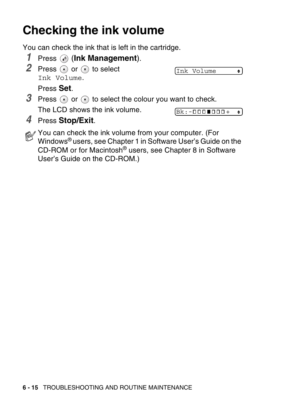 Checking the ink volume, Checking the ink volume -15 | Brother DCP-116C User Manual | Page 80 / 110