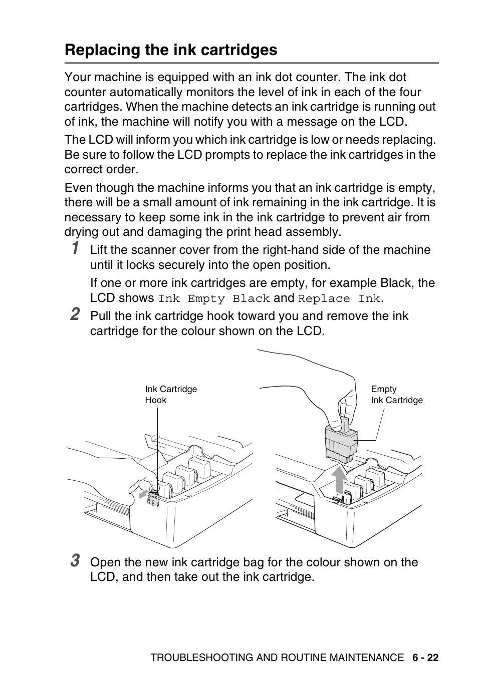 Replacing the ink cartridges, Replacing the ink cartridges -22 | Brother DCP-116C User Manual | Page 87 / 110