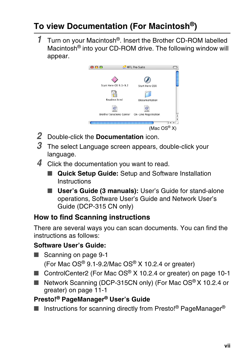 To view documentation (for macintosh®), How to find scanning instructions | Brother DCP-116C User Manual | Page 9 / 110