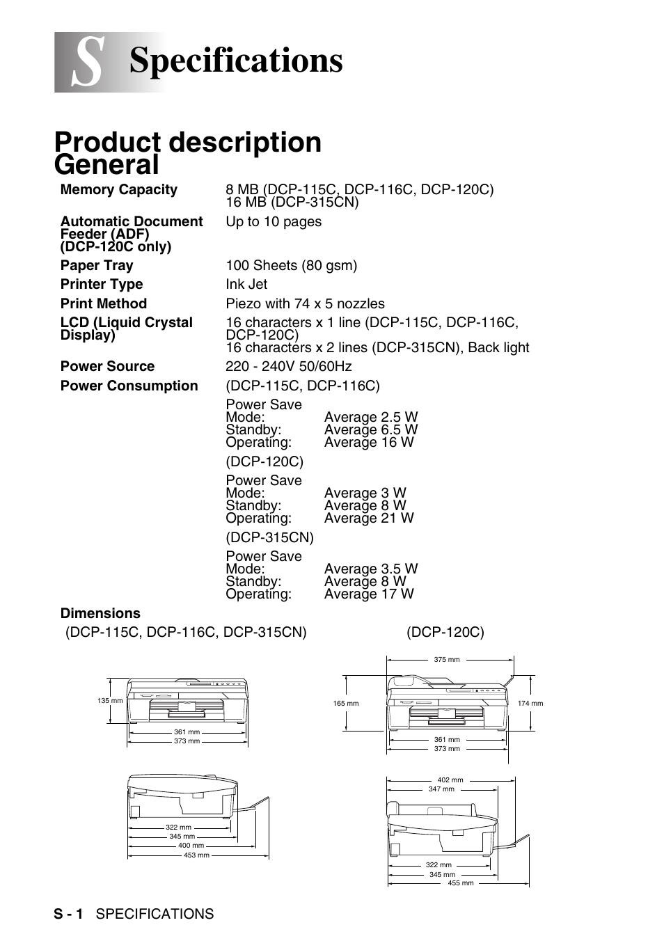 Specifications, Product description, General | Product description general | Brother DCP-116C User Manual | Page 98 / 110