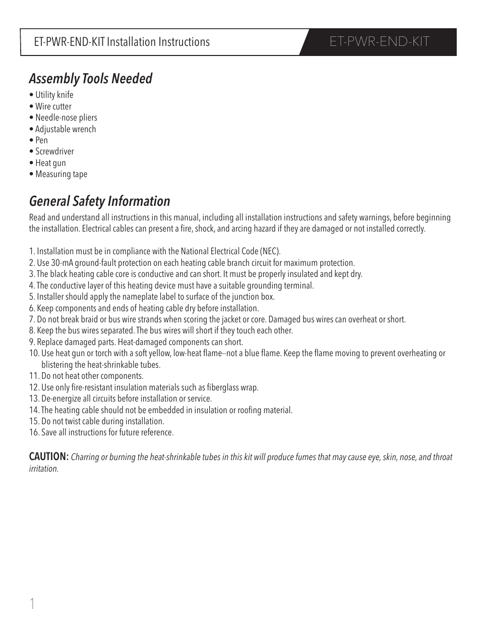 Assembly tools needed, General safety information, Et-pwr-end-kit | Et-pwr-end-kit installation instructions | WarmlyYours JSR00 User Manual | Page 2 / 8