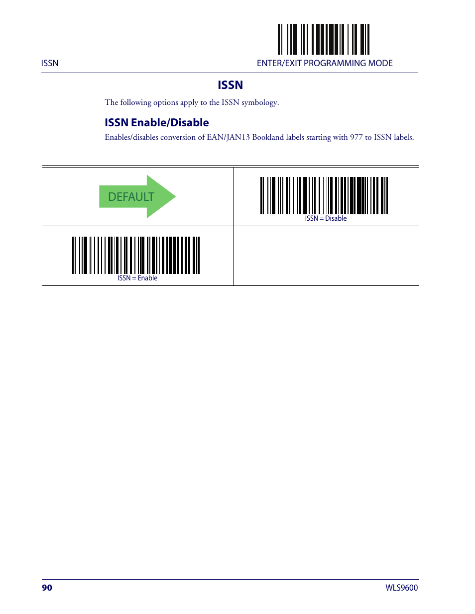 Issn, Issn enable/disable, Default | Wasp Barcode WLS9600 Product Reference Guide User Manual | Page 100 / 306