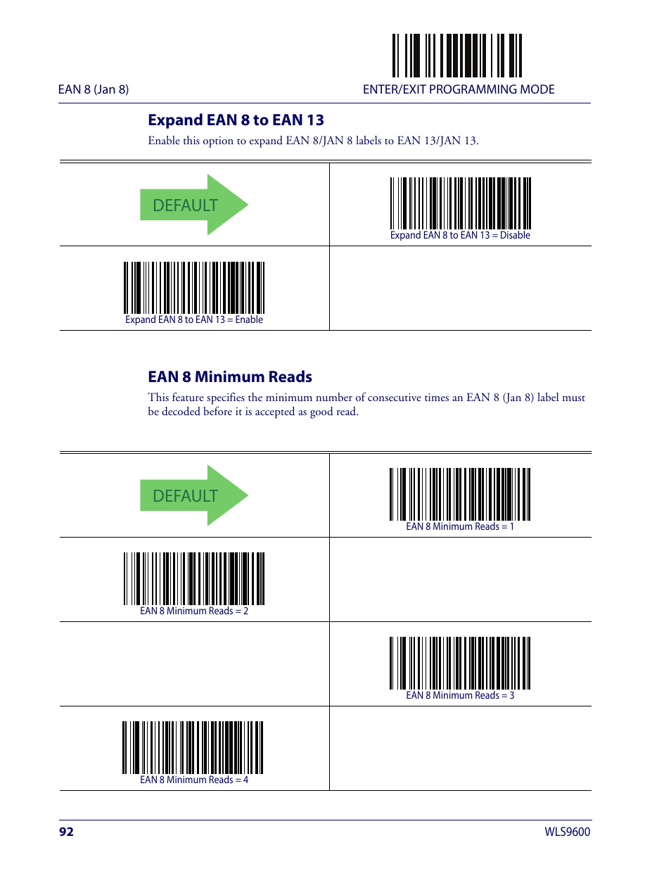 Expand ean 8 to ean 13, Ean 8 minimum reads, Expand ean 8 to ean 13 ean 8 minimum reads | Default | Wasp Barcode WLS9600 Product Reference Guide User Manual | Page 102 / 306