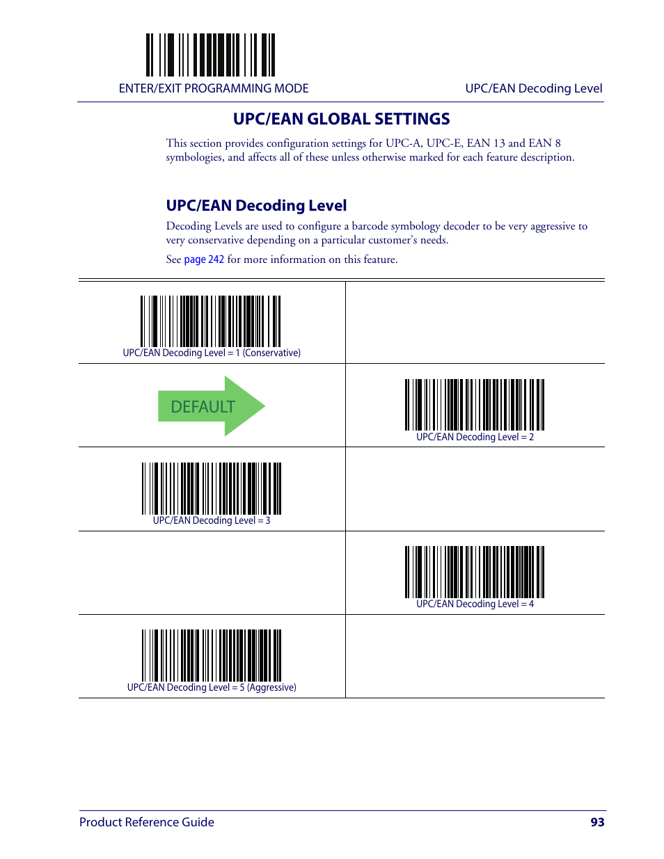 Upc/ean global settings, Upc/ean decoding level, Default | Wasp Barcode WLS9600 Product Reference Guide User Manual | Page 103 / 306