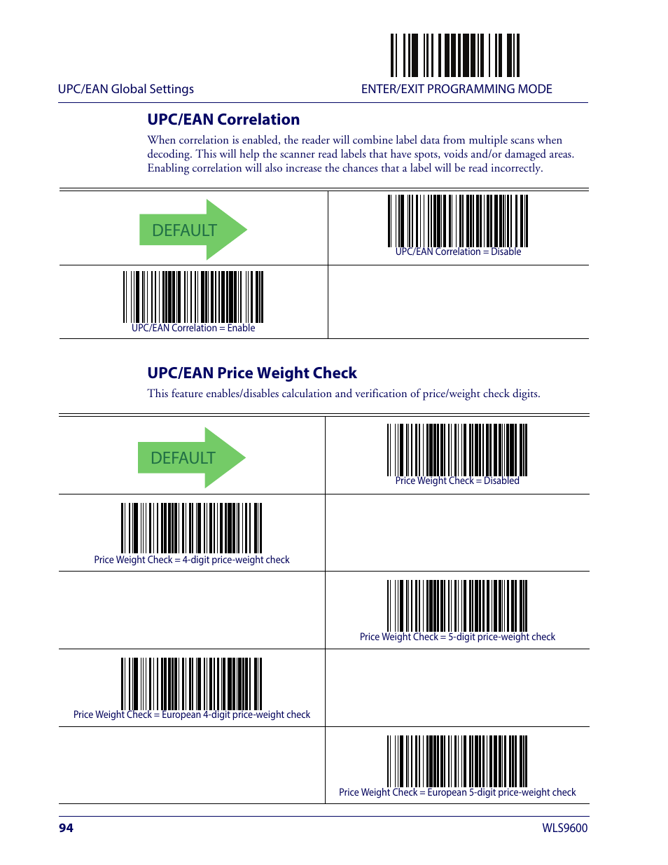 Upc/ean correlation, Upc/ean price weight check, Upc/ean correlation upc/ean price weight check | Default | Wasp Barcode WLS9600 Product Reference Guide User Manual | Page 104 / 306