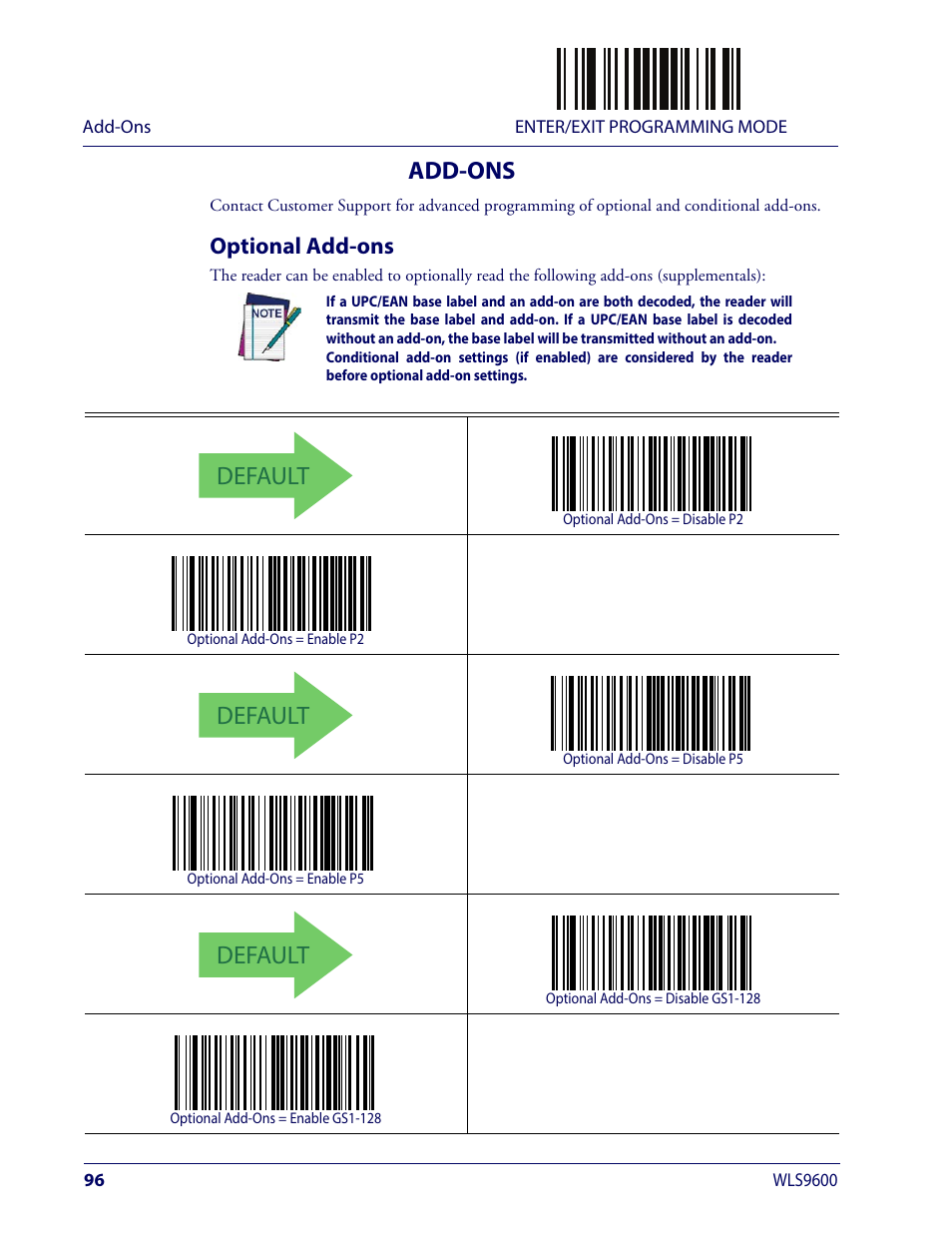 Add-ons, Optional add-ons, Default | Wasp Barcode WLS9600 Product Reference Guide User Manual | Page 106 / 306