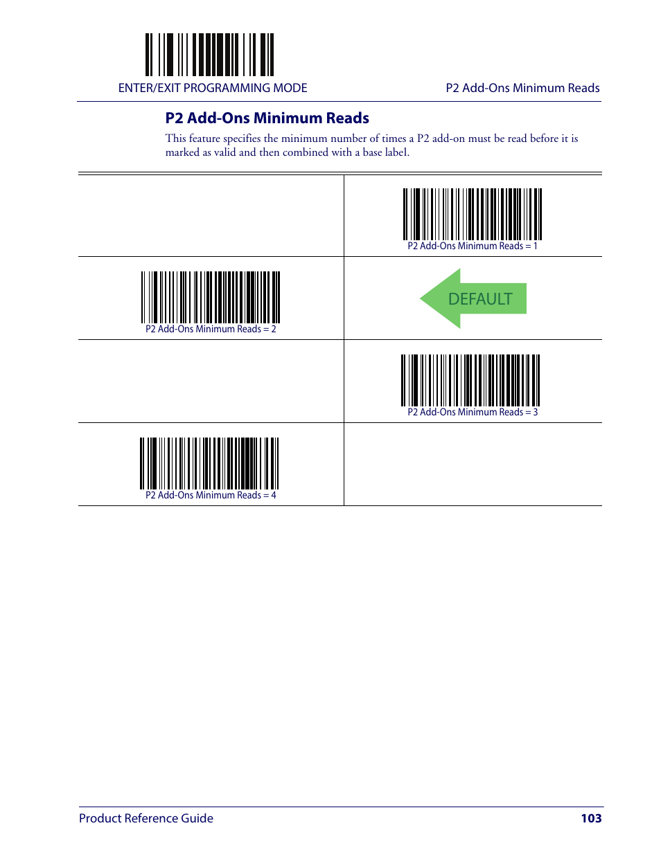 P2 add-ons minimum reads, Default | Wasp Barcode WLS9600 Product Reference Guide User Manual | Page 113 / 306