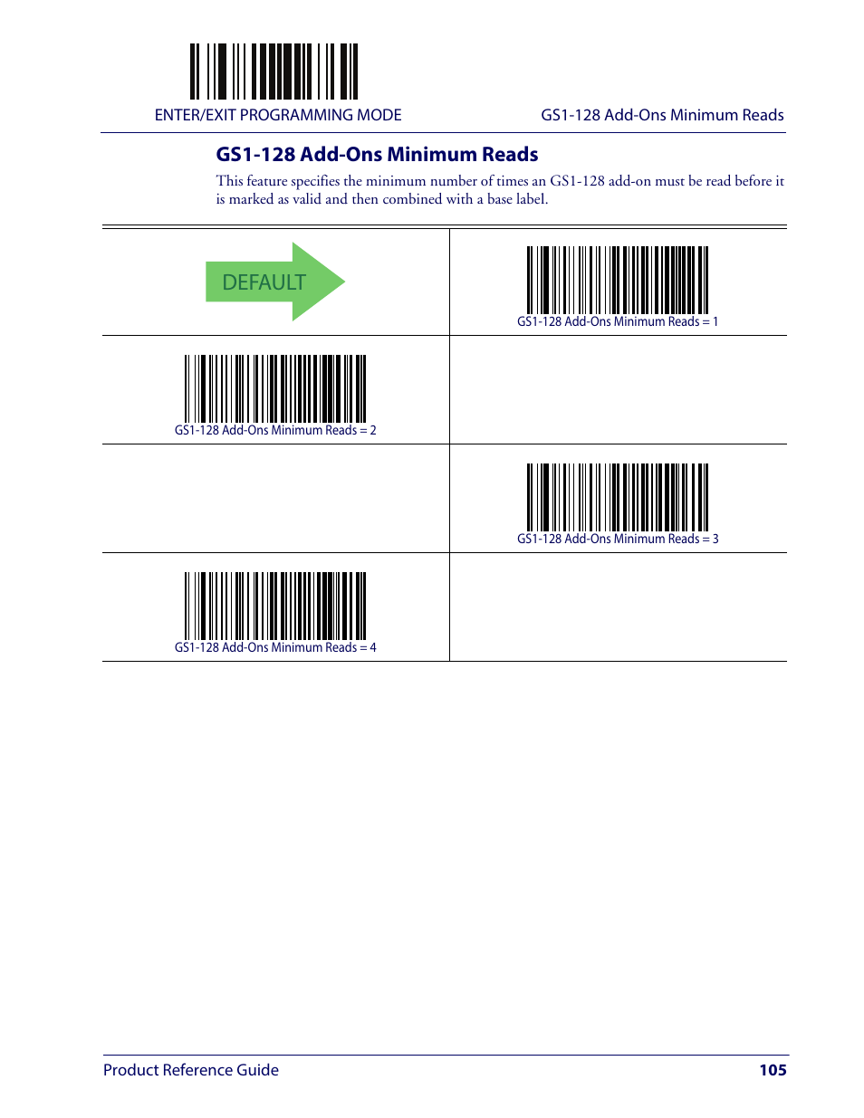 Gs1-128 add-ons minimum reads, Default | Wasp Barcode WLS9600 Product Reference Guide User Manual | Page 115 / 306