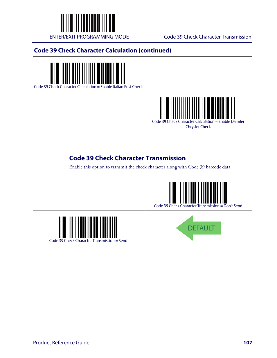 Code 39 check character transmission, Default | Wasp Barcode WLS9600 Product Reference Guide User Manual | Page 117 / 306