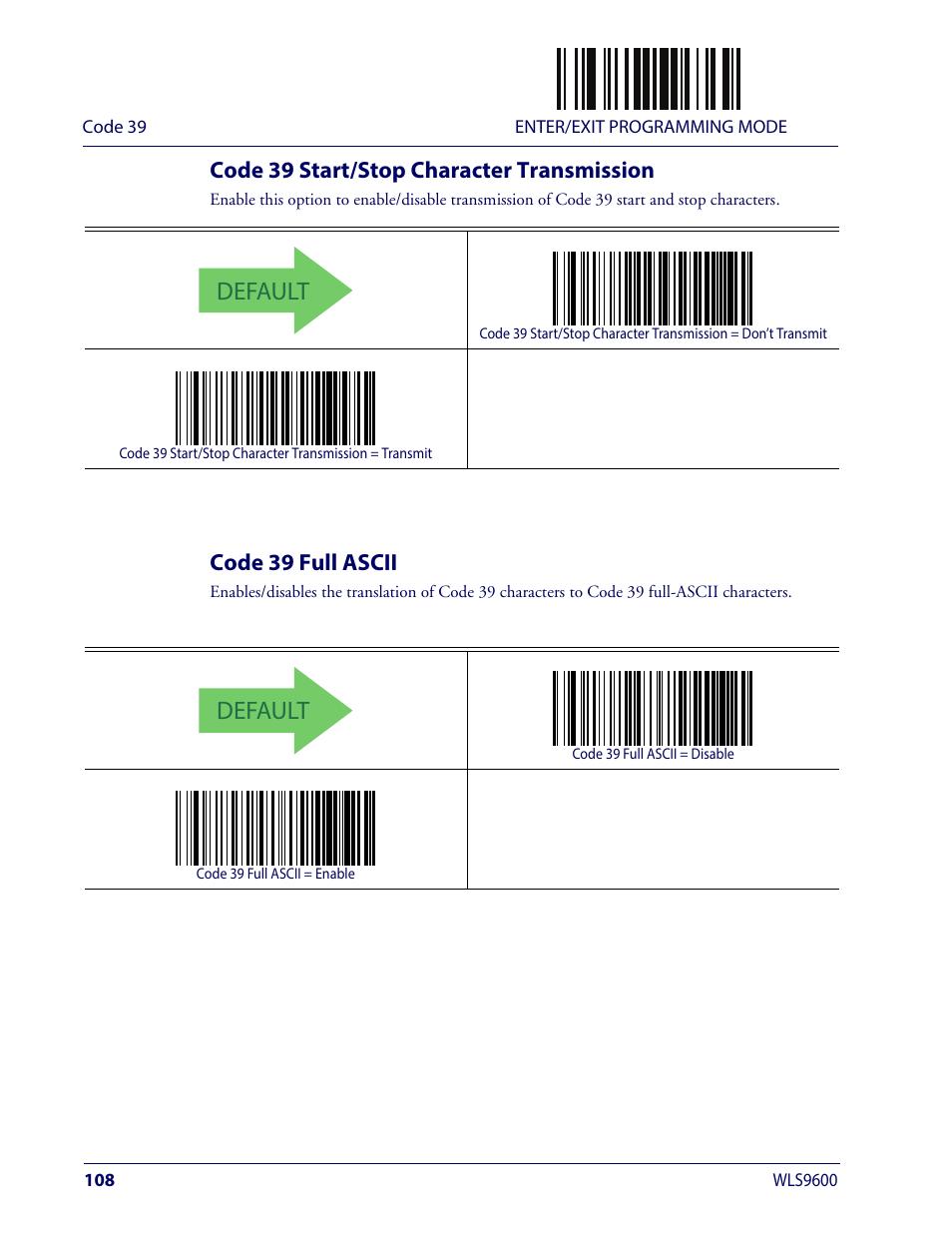 Code 39 start/stop character transmission, Code 39 full ascii, Default | Wasp Barcode WLS9600 Product Reference Guide User Manual | Page 118 / 306