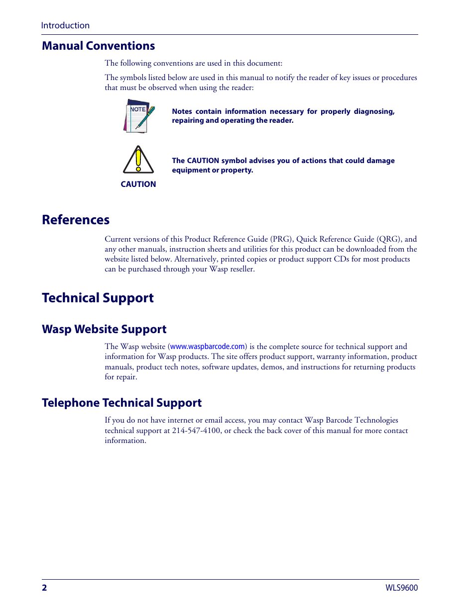 Manual conventions, References, Technical support | Wasp website support, Telephone technical support, References technical support, Wasp website support telephone technical support | Wasp Barcode WLS9600 Product Reference Guide User Manual | Page 12 / 306