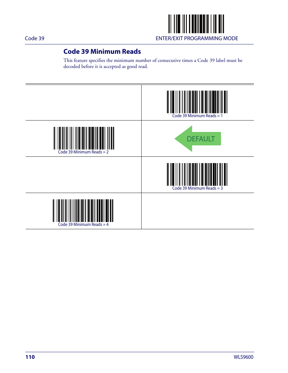 Code 39 minimum reads, Default | Wasp Barcode WLS9600 Product Reference Guide User Manual | Page 120 / 306