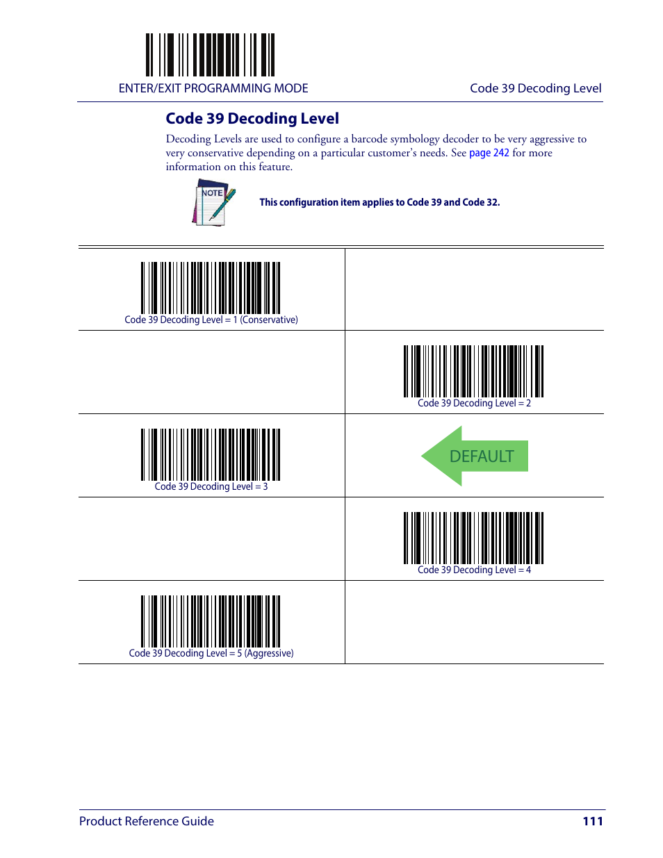 Code 39 decoding level, Default | Wasp Barcode WLS9600 Product Reference Guide User Manual | Page 121 / 306