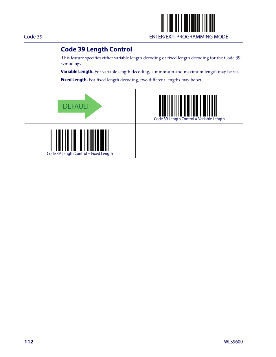 Code 39 length control, Default | Wasp Barcode WLS9600 Product Reference Guide User Manual | Page 122 / 306