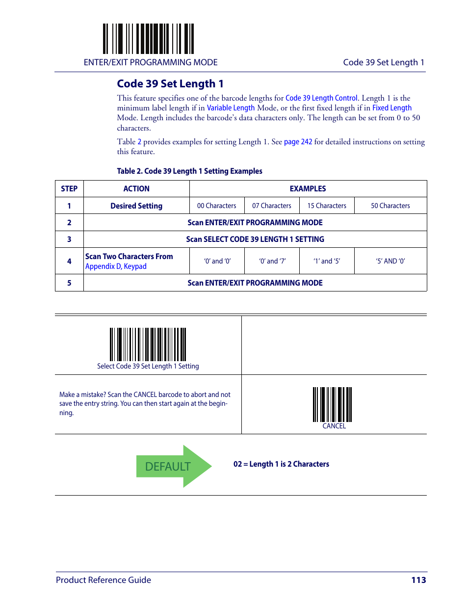 Code 39 set length 1, Default | Wasp Barcode WLS9600 Product Reference Guide User Manual | Page 123 / 306
