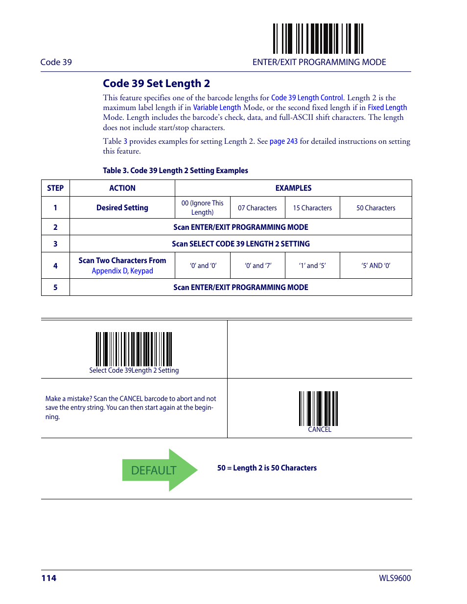 Code 39 set length 2, Default | Wasp Barcode WLS9600 Product Reference Guide User Manual | Page 124 / 306