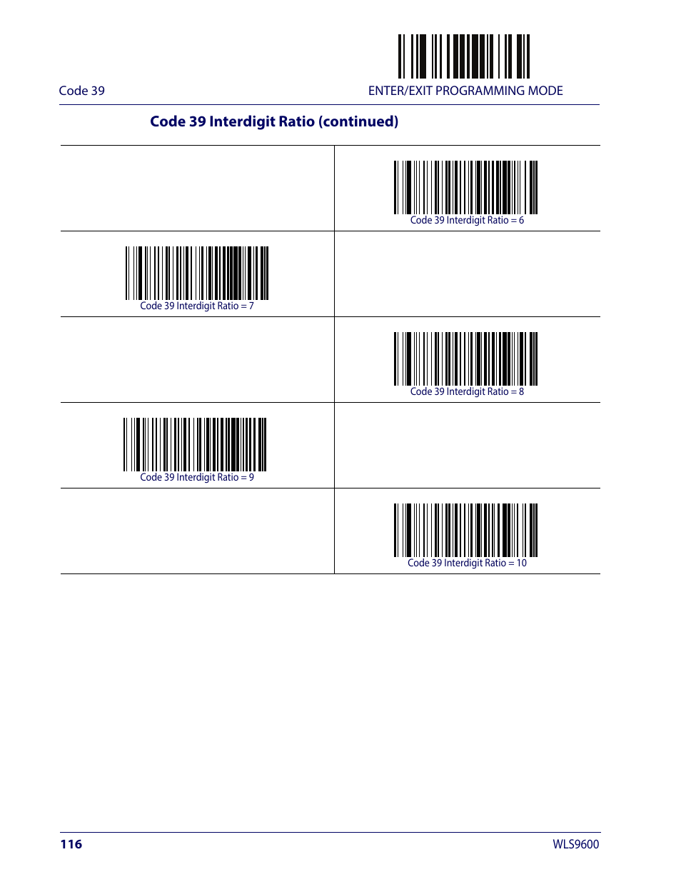 Code 39 interdigit ratio (continued) | Wasp Barcode WLS9600 Product Reference Guide User Manual | Page 126 / 306
