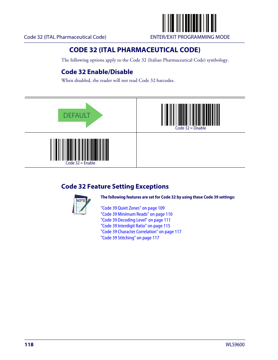 Code 32 (ital pharmaceutical code), Code 32 enable/disable, Code 32 feature setting exceptions | Default | Wasp Barcode WLS9600 Product Reference Guide User Manual | Page 128 / 306