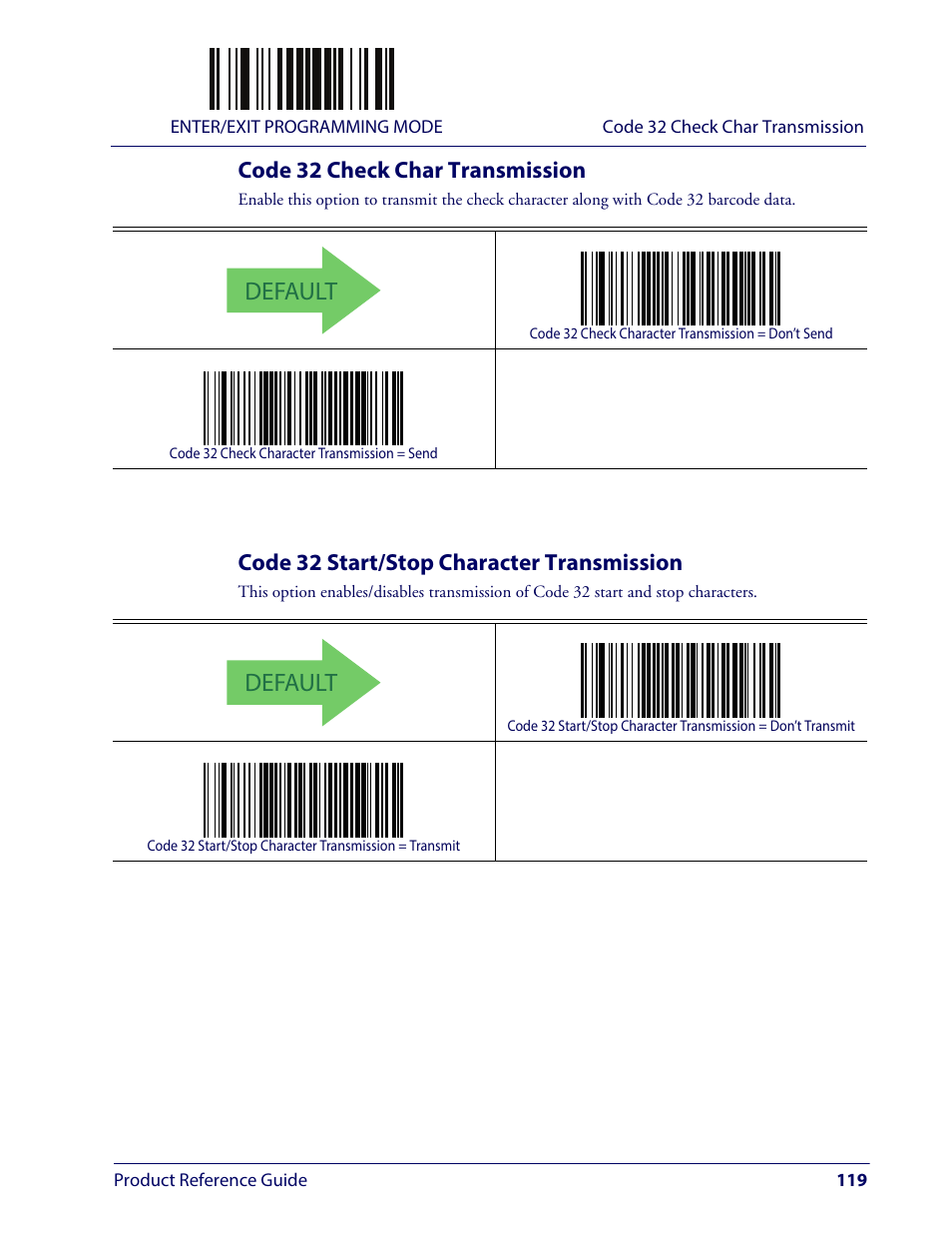Code 32 check char transmission, Code 32 start/stop character transmission, Default | Wasp Barcode WLS9600 Product Reference Guide User Manual | Page 129 / 306