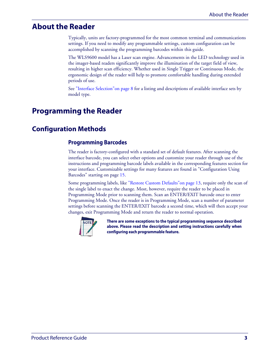 About the reader, Programming the reader, Configuration methods | About the reader programming the reader | Wasp Barcode WLS9600 Product Reference Guide User Manual | Page 13 / 306