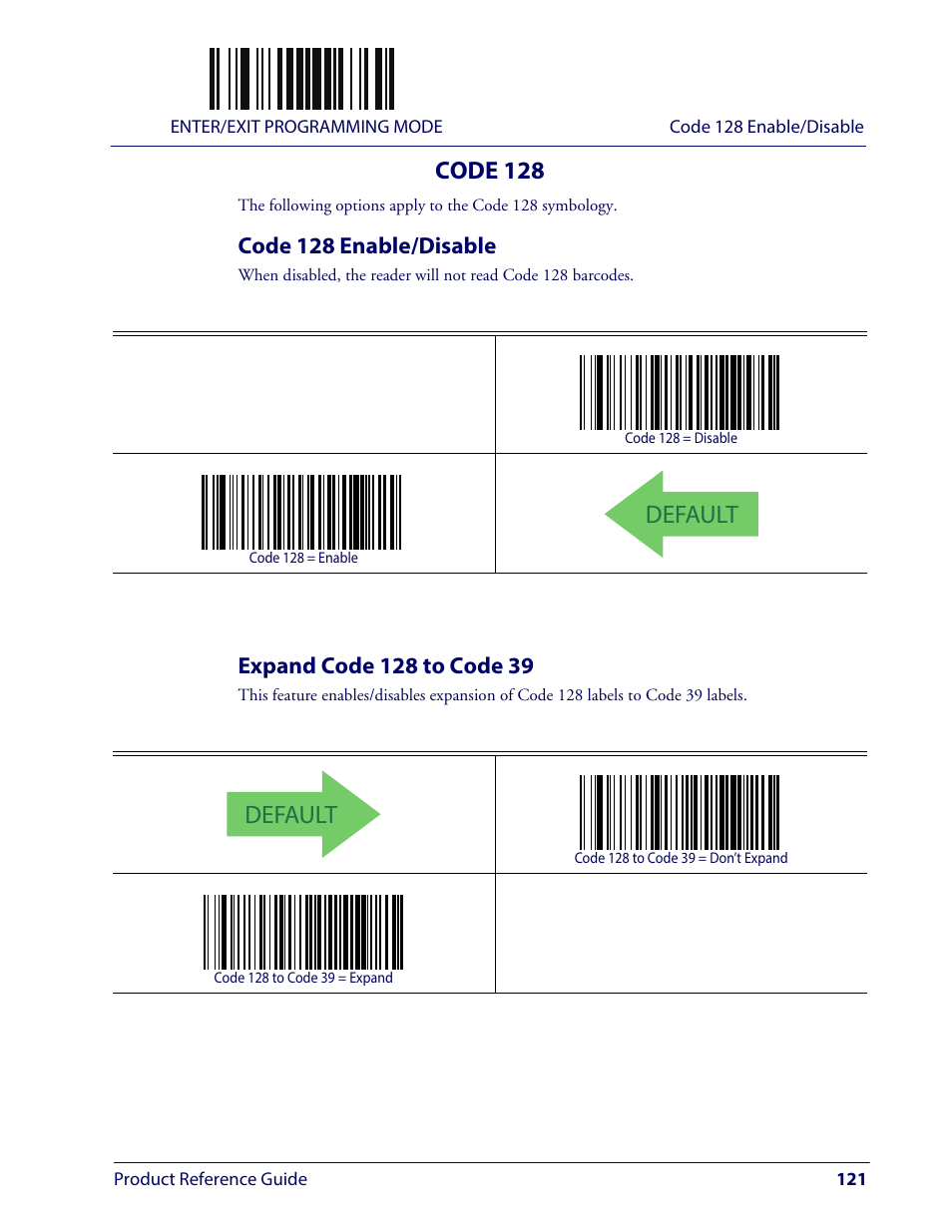 Code 128, Code 128 enable/disable, Expand code 128 to code 39 | Code 128 enable/disable expand code 128 to code 39, Default | Wasp Barcode WLS9600 Product Reference Guide User Manual | Page 131 / 306