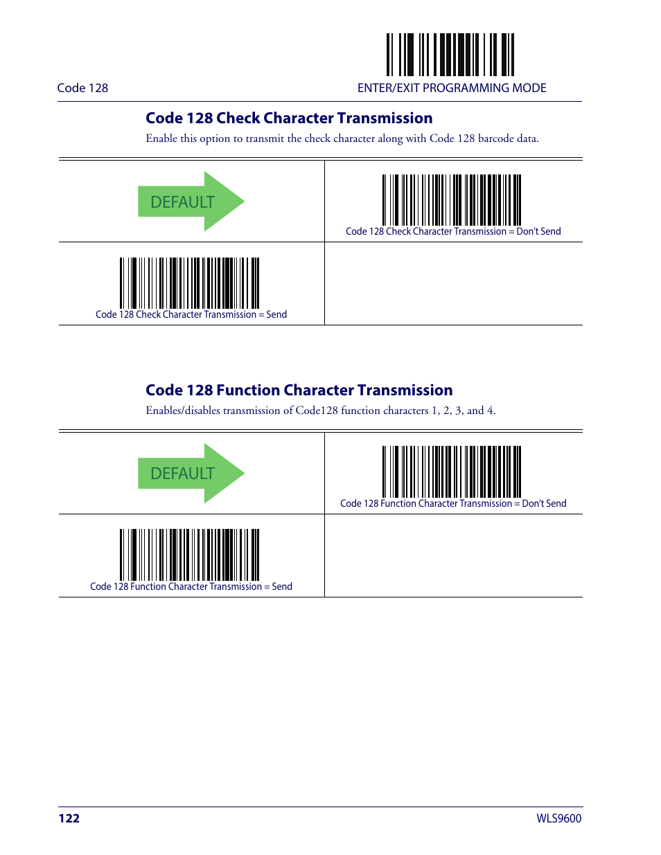 Code 128 check character transmission, Code 128 function character transmission, Default | Wasp Barcode WLS9600 Product Reference Guide User Manual | Page 132 / 306