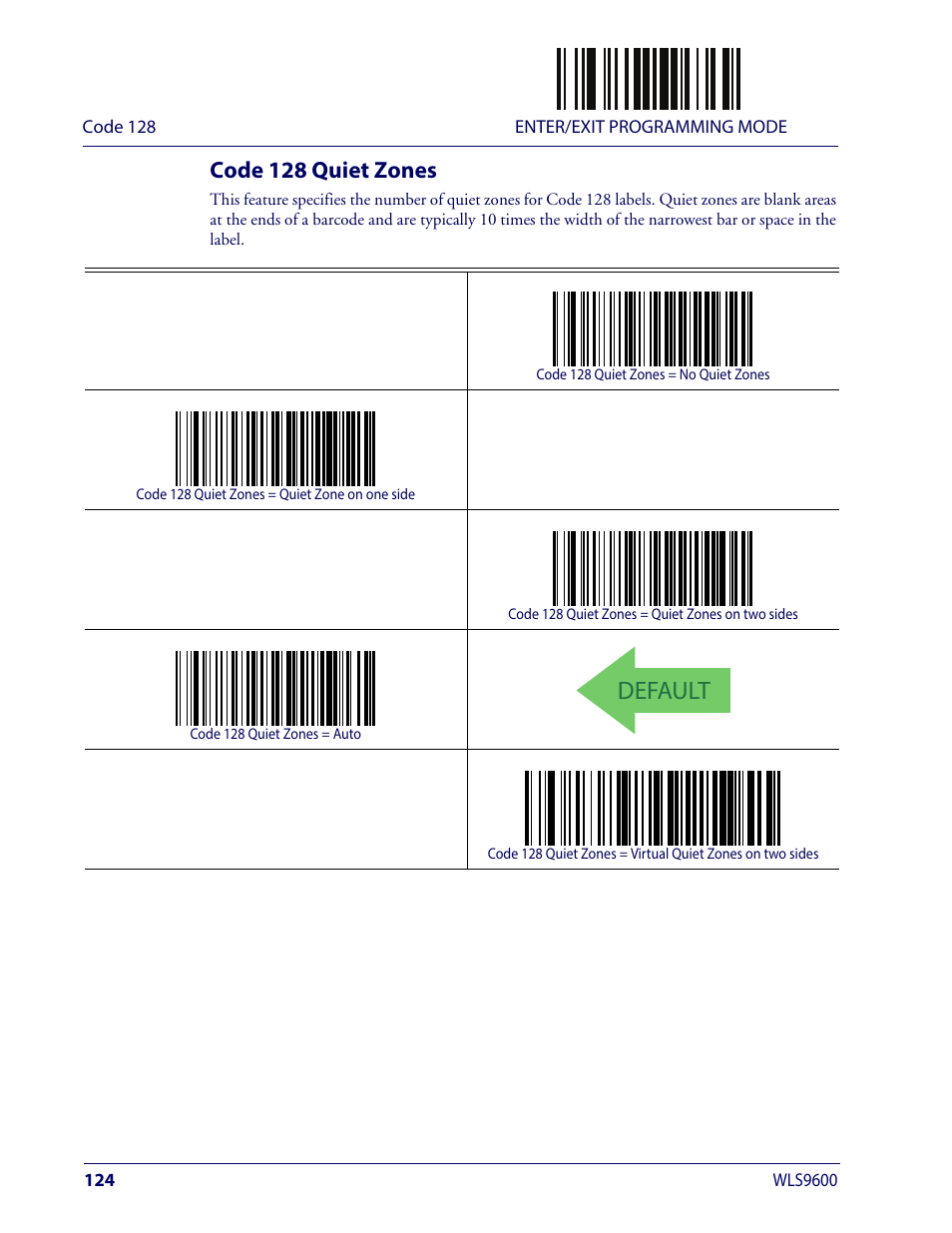 Code 128 quiet zones, Default | Wasp Barcode WLS9600 Product Reference Guide User Manual | Page 134 / 306