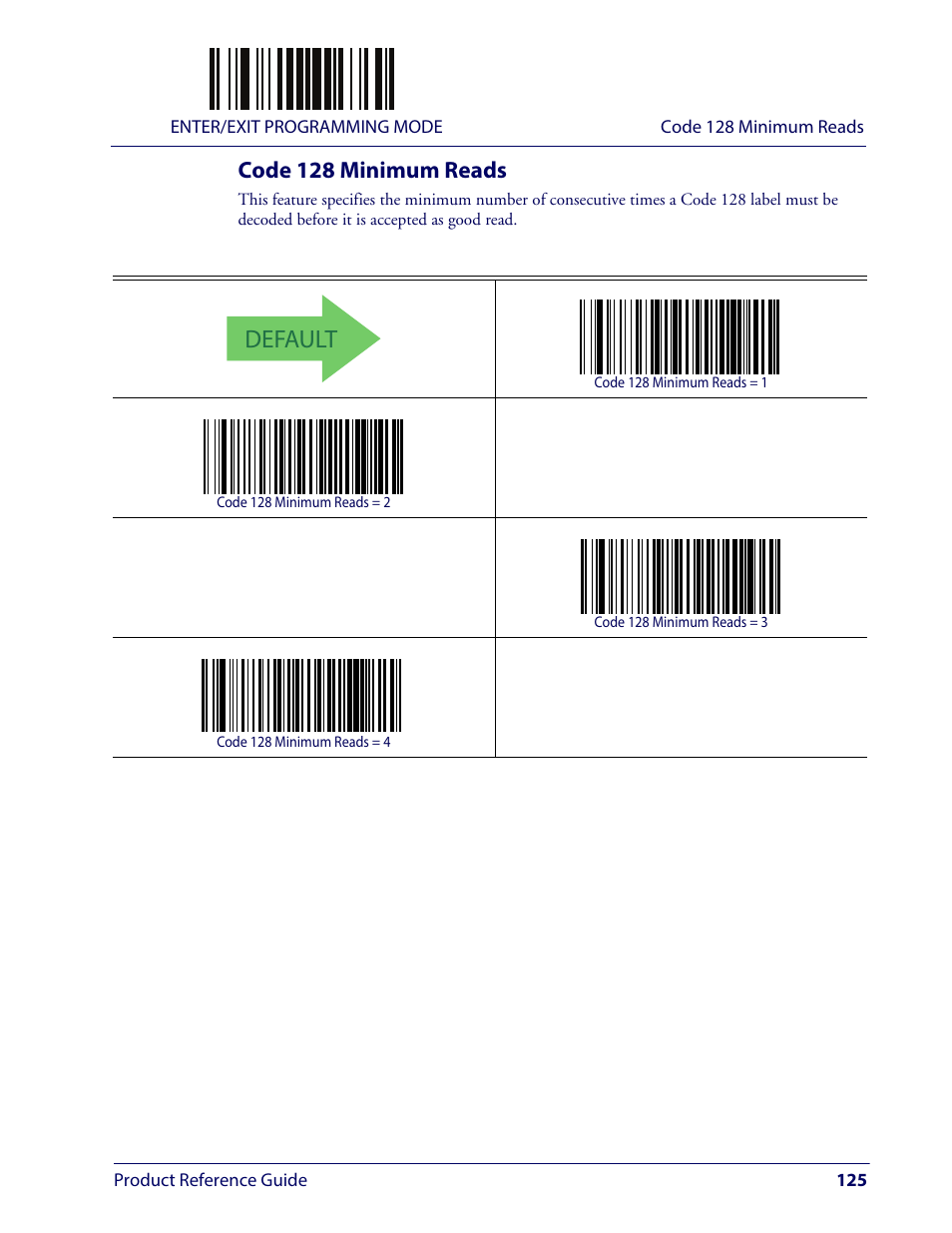 Code 128 minimum reads, Default | Wasp Barcode WLS9600 Product Reference Guide User Manual | Page 135 / 306