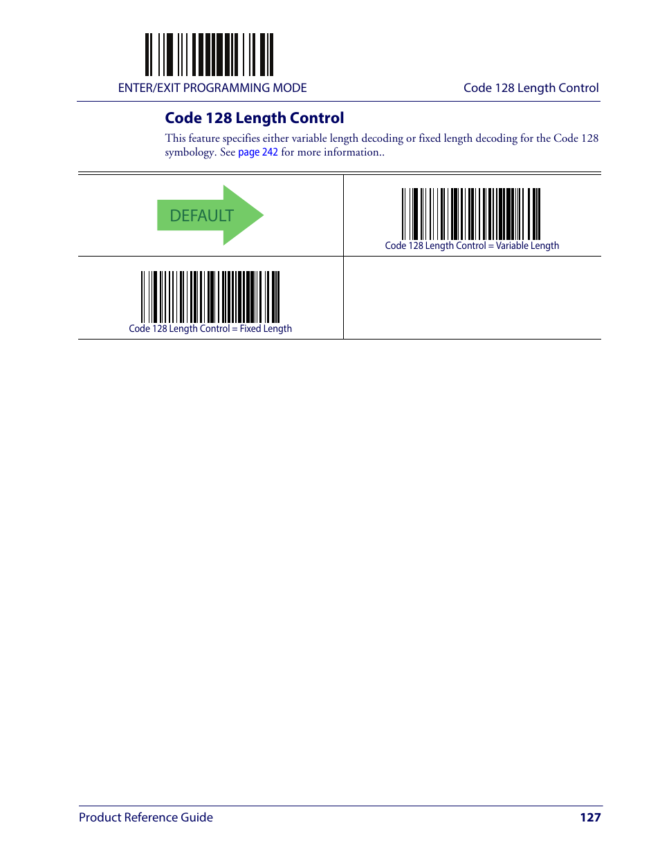 Code 128 length control, Default | Wasp Barcode WLS9600 Product Reference Guide User Manual | Page 137 / 306