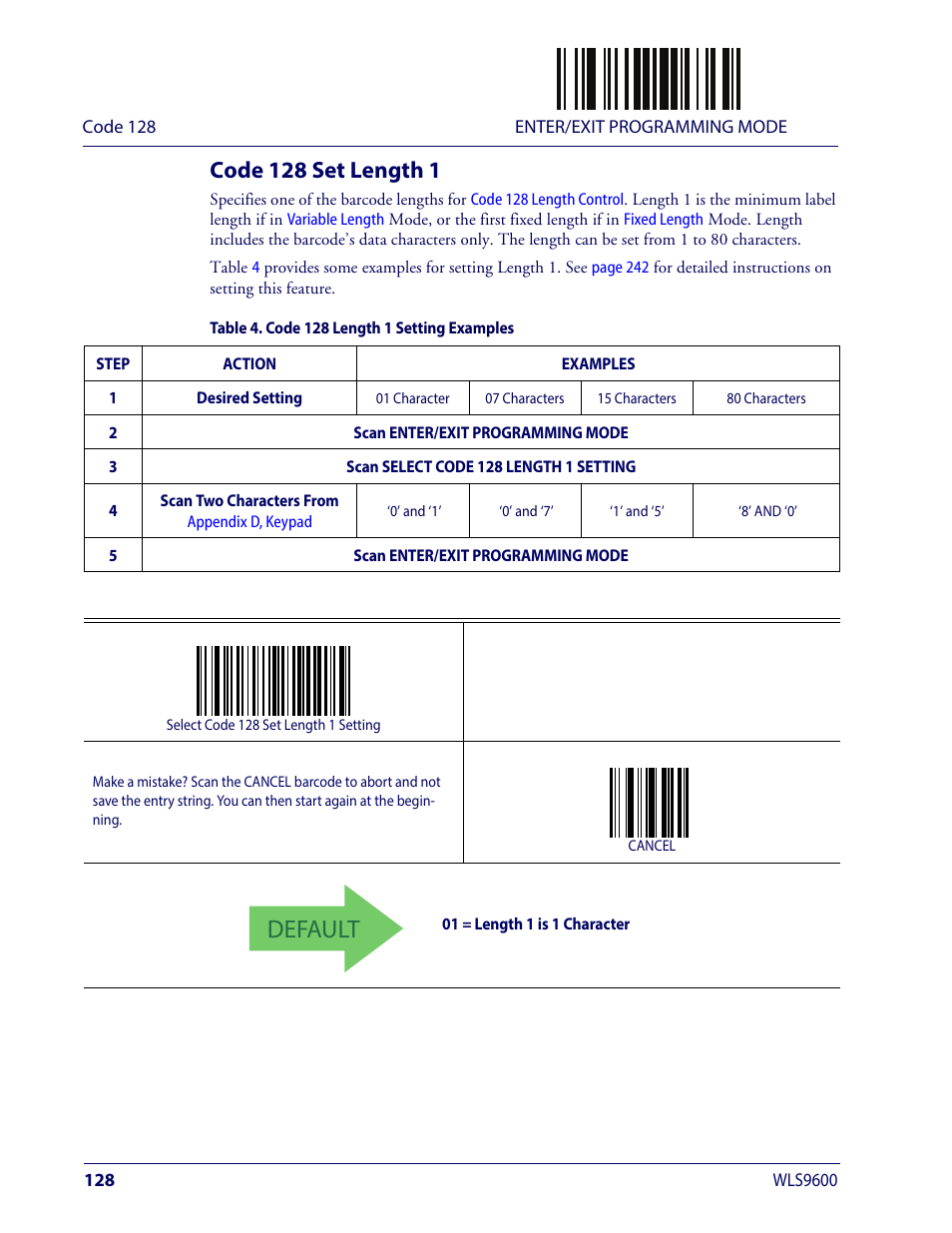 Code 128 set length 1, Default | Wasp Barcode WLS9600 Product Reference Guide User Manual | Page 138 / 306