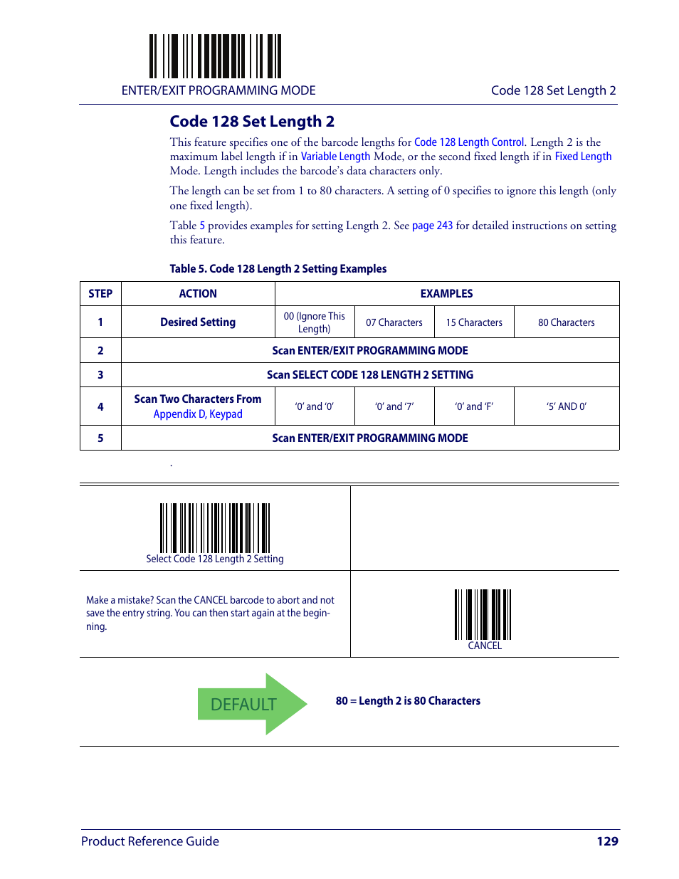 Code 128 set length 2, Default | Wasp Barcode WLS9600 Product Reference Guide User Manual | Page 139 / 306