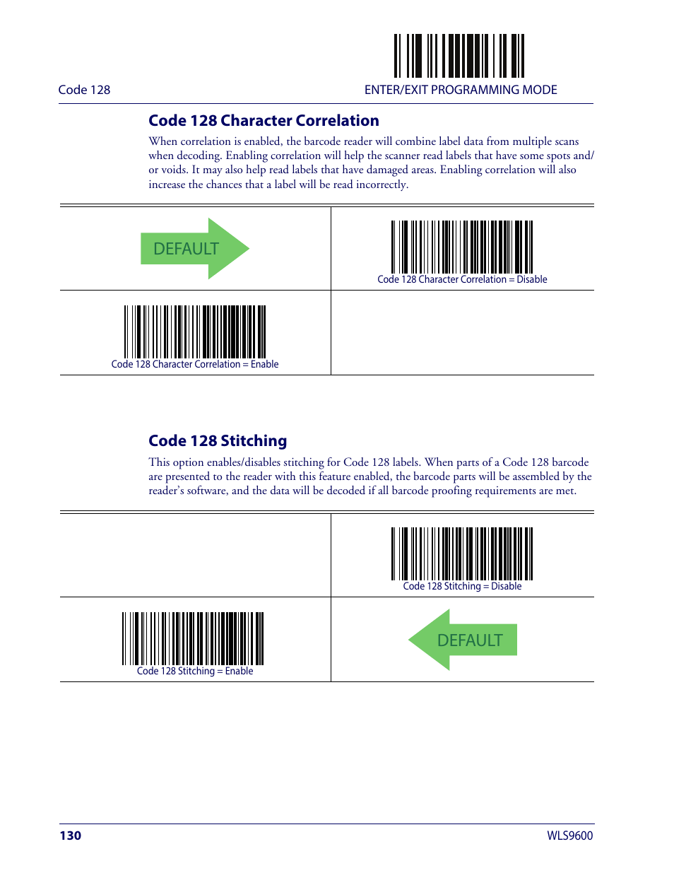 Code 128 character correlation, Code 128 stitching, Code 128 character correlation code 128 stitching | Default | Wasp Barcode WLS9600 Product Reference Guide User Manual | Page 140 / 306