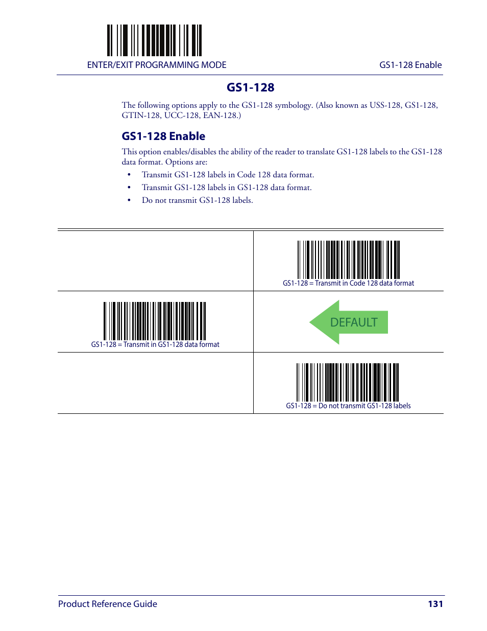 Gs1-128, Gs1-128 enable, Default | Wasp Barcode WLS9600 Product Reference Guide User Manual | Page 141 / 306