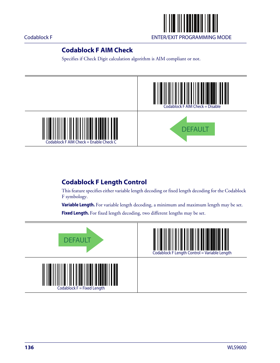 Codablock f aim check, Codablock f length control, Codablock f aim check codablock f length control | Default | Wasp Barcode WLS9600 Product Reference Guide User Manual | Page 146 / 306