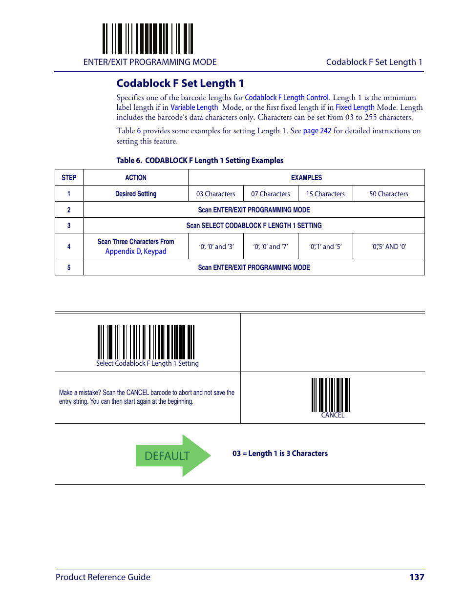 Codablock f set length 1, Default | Wasp Barcode WLS9600 Product Reference Guide User Manual | Page 147 / 306