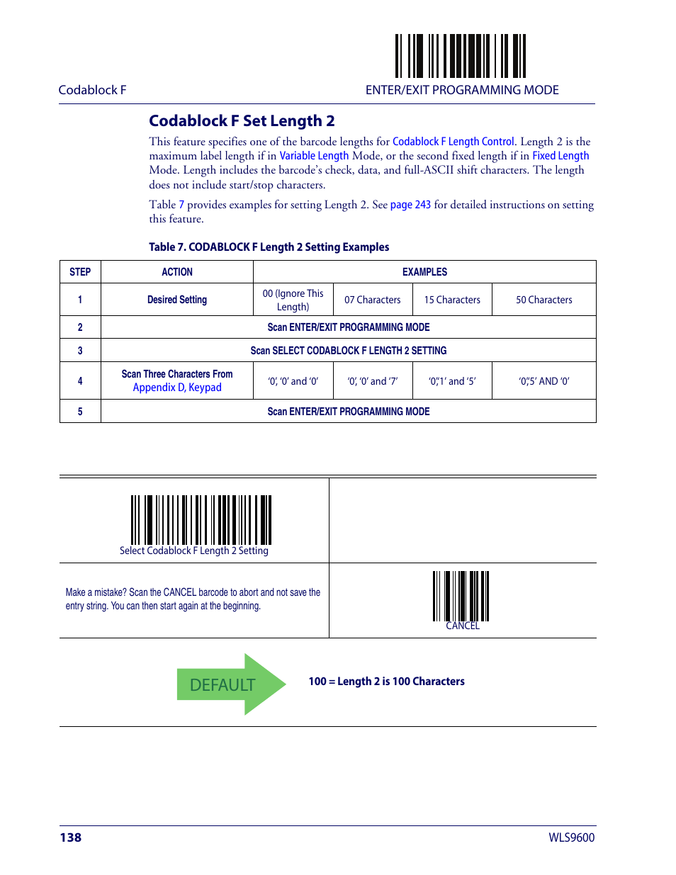 Codablock f set length 2, Default | Wasp Barcode WLS9600 Product Reference Guide User Manual | Page 148 / 306
