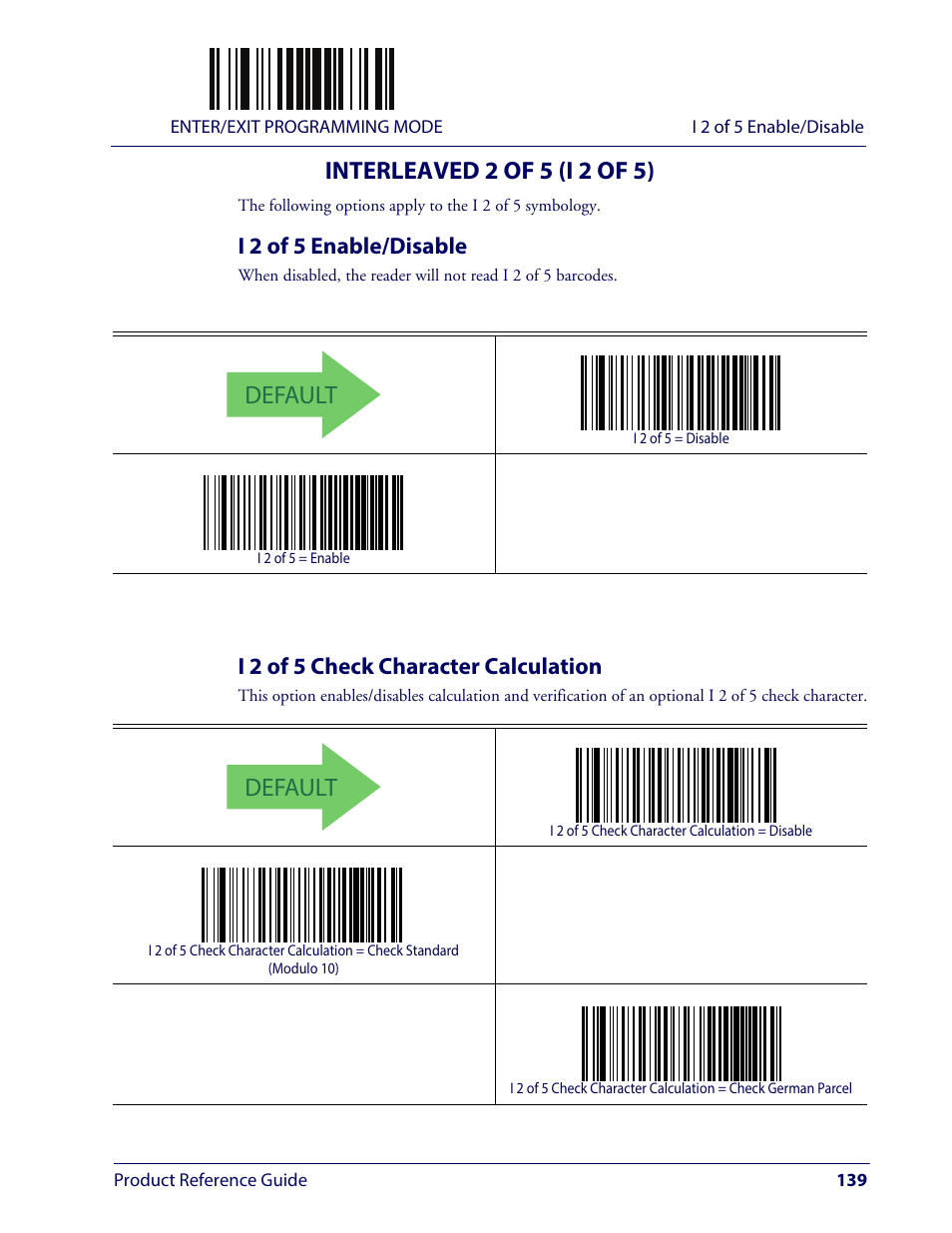 Interleaved 2 of 5 (i 2 of 5), I 2 of 5 enable/disable, I 2 of 5 check character calculation | Nterleaved, 5 (i 2, Default | Wasp Barcode WLS9600 Product Reference Guide User Manual | Page 149 / 306