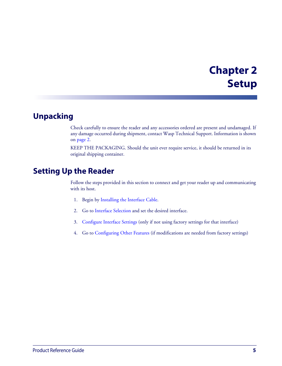Setup, Unpacking, Setting up the reader | Unpacking setting up the reader, Chapter 2, setup, Pres, Chapter 2 setup | Wasp Barcode WLS9600 Product Reference Guide User Manual | Page 15 / 306