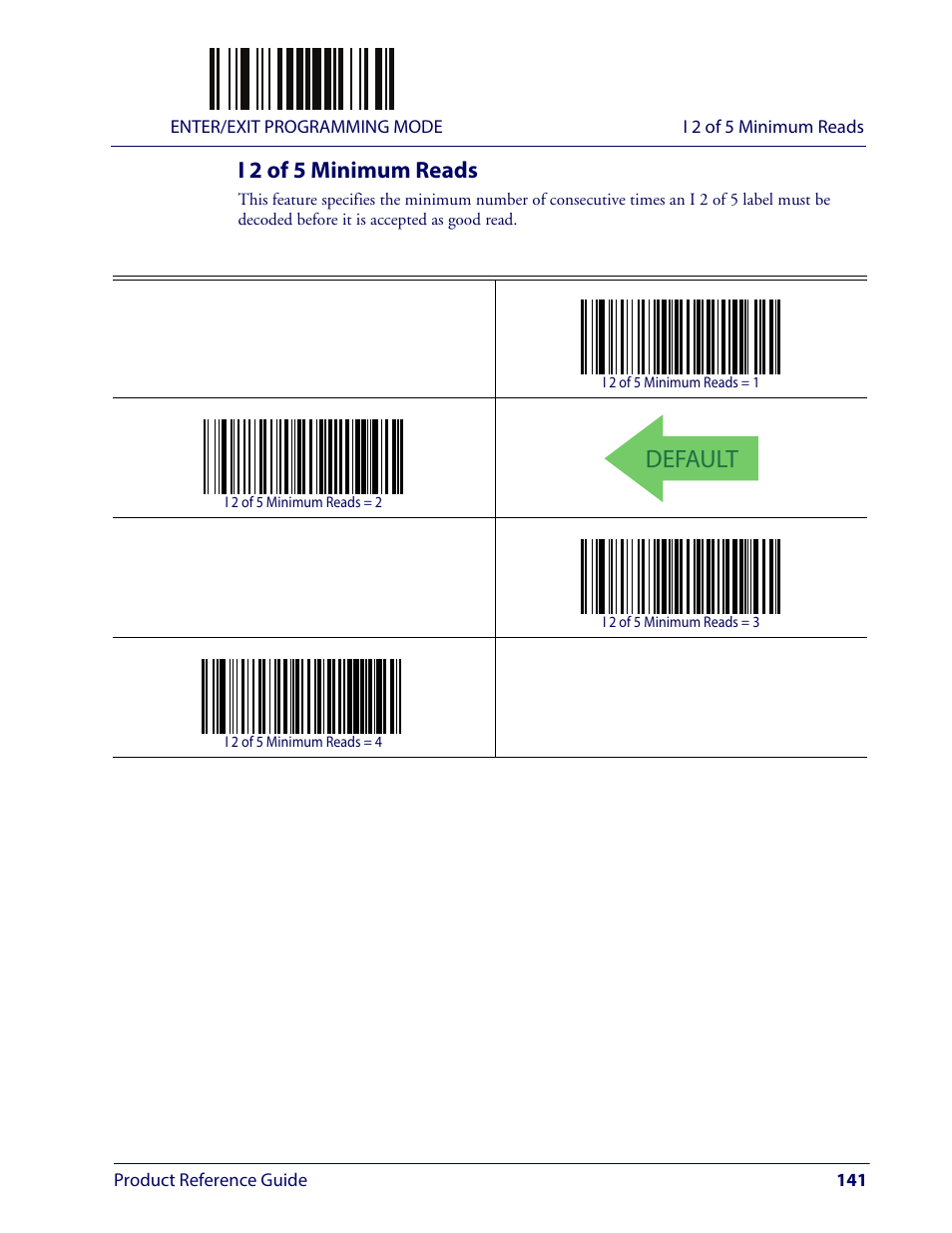 I 2 of 5 minimum reads, Default | Wasp Barcode WLS9600 Product Reference Guide User Manual | Page 151 / 306